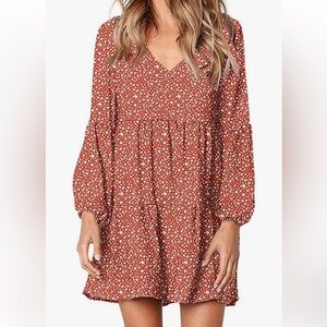 Pink Print Swing Shift Women's Dress Long Sleeve